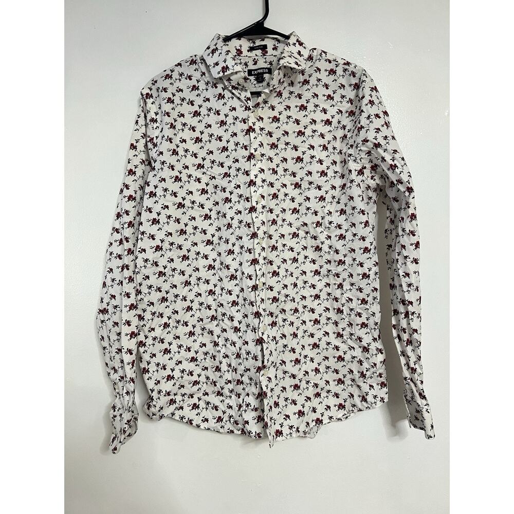 Express Mens White Floral Long Sleeve Extra Slim Button Up Size L ( 16-16.5)
